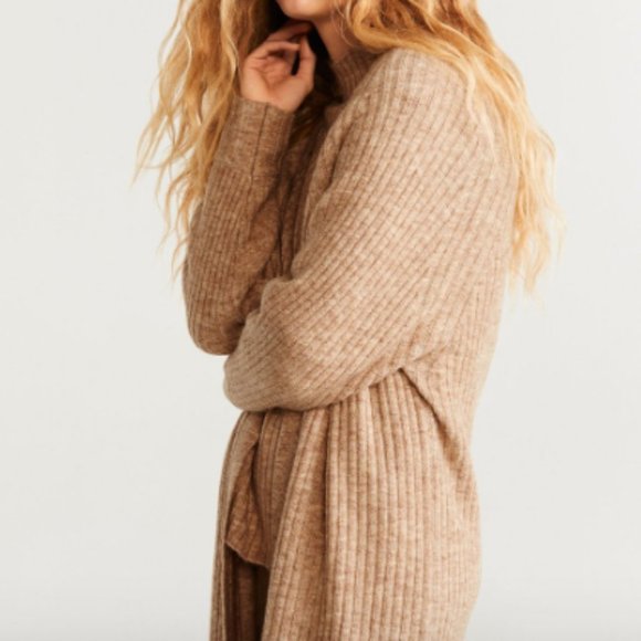 Mango Ribbed Knit Long Cardigan in Marled Tan - Picture 3 of 5